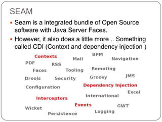 SEAM
 Seam is a integrated bundle of Open Source
  software with Java Server Faces.
 However, it also does a little more .. Something
  called CDI (Context and dependency injection )
 