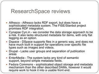 ResearchSpace reviews
 Alfresco - Alfresco lacks RDF export, but does have a
    sophisticated metadata system. The FISE/Stanbol project
    promises RDF integration,
   Cynapse Cyn.in - we consider the data storage approach to be
    a risk. It also lacks structured metadata for items, with only flat
    tagging as an option.
   Dspace - DSpace supports files in a generic way, and does not
    have much built in support for operations over specific file
    types such as images and videos.
   Drupal - Lacks user groups and seperation of publication
    areas
   EnterMedia - The system lacks any kind of semantic
    support, beyond simple metadata fields.
   Fedora Commons - sophisticated object storage and metadata
    mechanism than the other described DAMs, however it would
    require work to hook it into a usable front end.
 