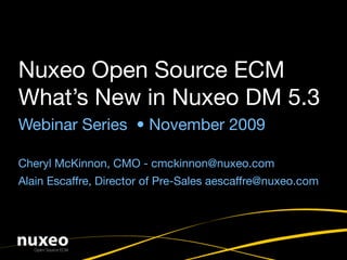 Nuxeo Open Source ECM
What’s New in Nuxeo DM 5.3
Webinar Series • November 2009

Cheryl McKinnon, CMO - cmckinnon@nuxeo.com
Alain Escaffre, Director of Pre-Sales aescaffre@nuxeo.com
 