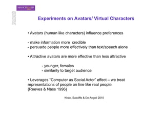 Experiments on Avatars/ Virtual Characters


•  Avatars (human like characters) influence preferences

- make information more credible
- persuade people more effectively than text/speech alone

•  Attractive avatars are more effective than less attractive

        - younger, females
        - similarity to target audience

•  Leverages “Computer as Social Actor” effect – we treat
representations of people on line like real people
(Reeves & Nass 1996)

                      Khan, Sutcliffe & De Angeli 2010
 