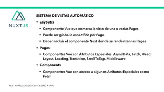SISTEMA DE VISTAS AUTOMÁTICO


• Layout/s


• Componente Vue que enmarca la vista de una o varias Pages


• Puede ser global o especí
fi
co por Page


• Deben incluir el componente Nuxt donde se renderizan las Pages


• Pages


• Componentes Vue con Atributos Especiales: AsyncData, Fetch, Head,
Layout, Loading, Transition, ScrollToTop, Middleware


• Components


• Componentes Vue con acceso a algunos Atributos Especiales como
Fetch
NUXT AVANZADO (DE SCAFFOLDING A MVP)
 