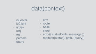 data(context)
- isServer
- isClient
- isDev
- req
- res
- params
- query
- env
- route
- base
- store
- error({ statusCode, message })
- redirect([status], path, [query])
 