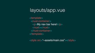 layouts/app.vue
<template>
<nuxt-container>
<p>My nav bar here!</p>
<nuxt></nuxt>
</nuxt-container>
</template>
<style src=“~assets/main.css”></style>
 
