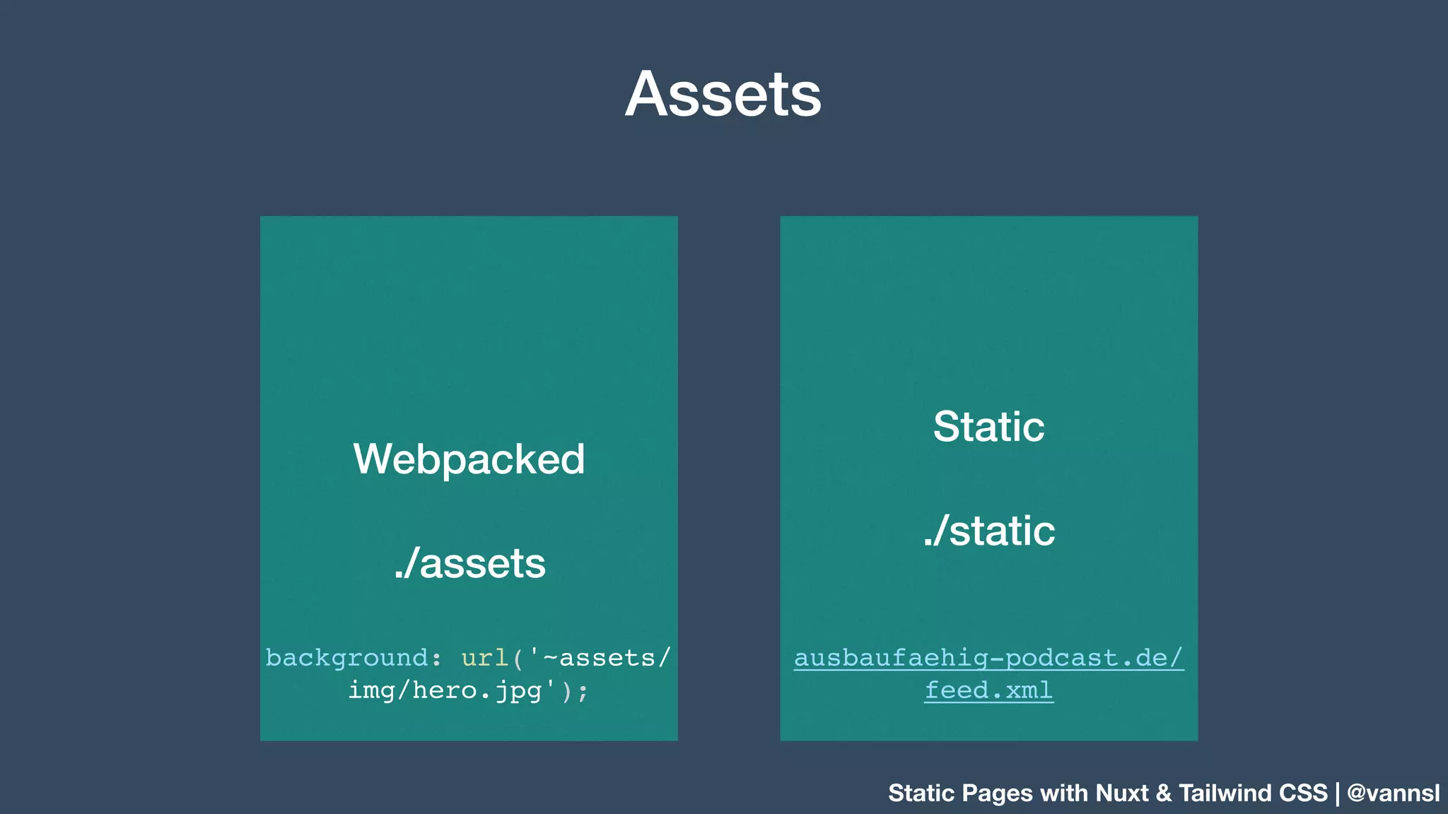 Static Pages with Nuxt & Tailwind CSS | @vannsl Assets Webpacked ./assets background: url('~assets/ img/hero.jpg'); Static ./static ausbaufaehig-podcast.de/ feed.xml 