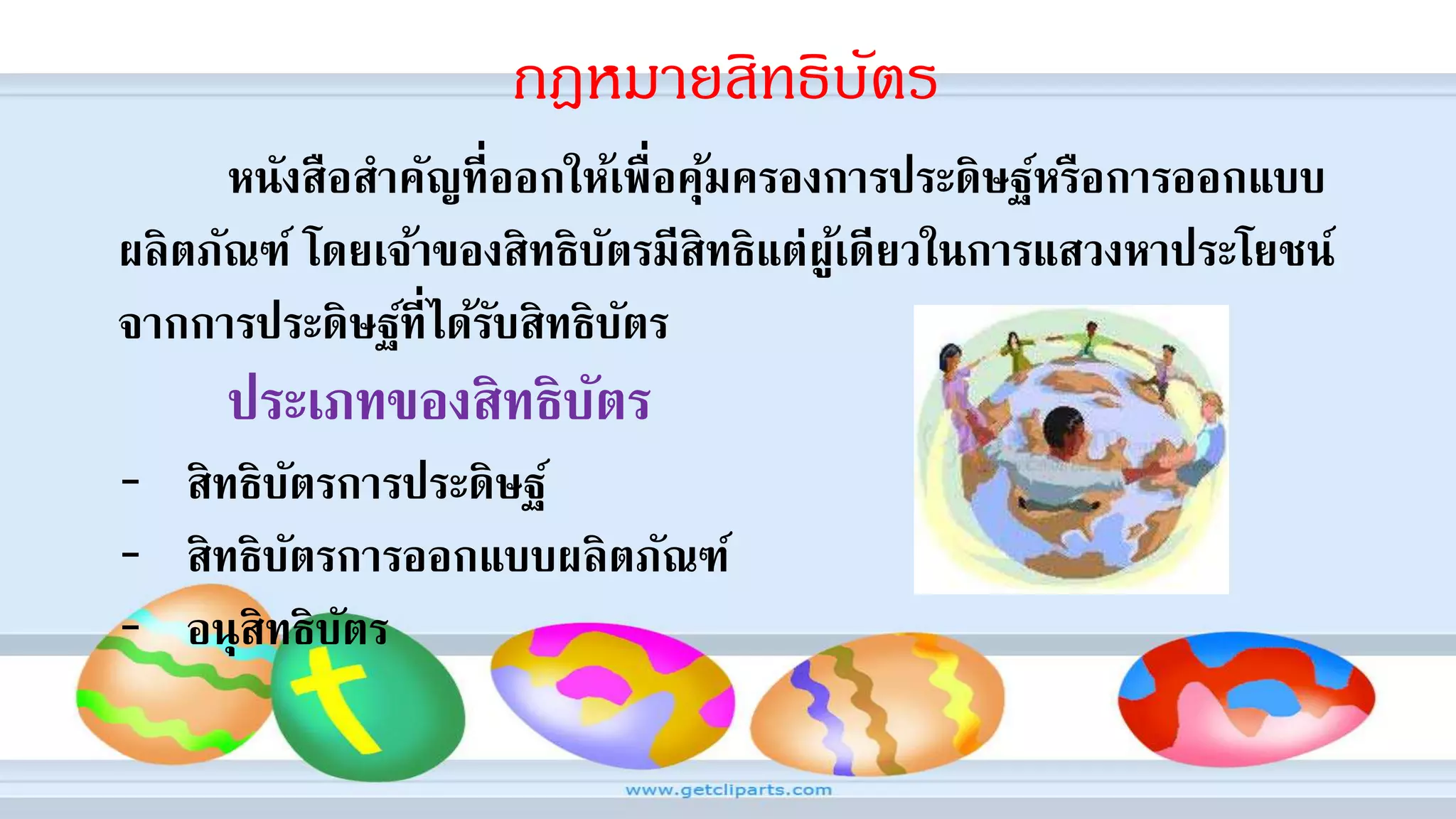 กฎหมายสิทธิบัตร
หนังสือสาคัญที่ออกให้เพื่อคุ้มครองการประดิษฐ์หรือการออกแบบ
ผลิตภัณฑ์ โดยเจ้าของสิทธิบัตรมีสิทธิแต่ผู้เดียวในการแสวงหาประโยชน์
จากการประดิษฐ์ที่ได้รับสิทธิบัตร
ประเภทของสิทธิบัตร
- สิทธิบัตรการประดิษฐ์
- สิทธิบัตรการออกแบบผลิตภัณฑ์
- อนุสิทธิบัตร
 