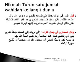 ‫قيل‬:‫نزل‬ ‫من‬ ‫وأمر‬ ‫أمره‬ ‫تفخيم‬ ‫السماء‬ ‫إلى‬ ‫جملة‬ ‫إنزاله‬ ‫في‬ ‫السر‬
‫المن‬ ‫الكتب‬ ‫آخر‬ ‫هذا‬ ‫أن‬ ‫السبع‬ ‫السموات‬ ‫سكان‬ ‫بإعالم‬ ‫وذلك‬ ،‫عليه‬‫زلة‬
‫عليهم‬ ‫لينزله‬ ‫إليهم‬ ‫قربناه‬ ‫قد‬ ‫األمم‬ ‫ألشرف‬ ‫الرسل‬ ‫خاتم‬ ‫على‬.
‫القراء‬ ‫جمال‬ ‫في‬ ‫السخاوي‬ ‫وقال‬" :‫تك‬ ‫جملة‬ ‫السماء‬ ‫إلى‬ ‫نزوله‬ ‫في‬‫ريم‬
،‫بهم‬ ‫هللا‬ ‫عناية‬ ‫وتعريفهم‬ ‫المالئكة‬ ‫عند‬ ‫شأنه‬ ‫وتعظيم‬ ‫آدم‬ ‫بني‬
َ‫ش‬ُ‫ت‬ ‫أن‬ ‫المالئكة‬ ‫من‬ ‫ا‬ً‫ف‬‫أل‬ ‫سبعين‬ ‫أمر‬ ‫المعنى‬ ‫ولهذا‬ ،‫لهم‬ ‫ورحمته‬‫ع‬ِ‫ي‬
‫األنعام‬ ‫سورة‬
6/17/2016 15
Tatsqif Kader Terpadu - PKS
Surakarta
 