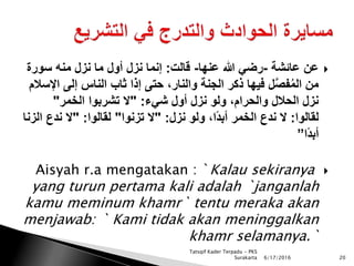 ‫عائشة‬ ‫عن‬-‫عنها‬ ‫هللا‬ ‫رضي‬-‫قالت‬:‫سورة‬ ‫منه‬ ‫نزل‬ ‫ما‬ ‫أول‬ ‫نزل‬ ‫إنما‬
‫إلى‬ ‫الناس‬ ‫ثاب‬ ‫إذا‬ ‫حتى‬ ،‫والنار‬ ‫الجنة‬ ‫ذكر‬ ‫فيها‬ ‫ل‬َّ‫ص‬‫ف‬ُ‫م‬‫ال‬ ‫من‬‫اإلسالم‬
‫شيء‬ ‫أول‬ ‫نزل‬ ‫ولو‬ ،‫والحرام‬ ‫الحالل‬ ‫نزل‬" :‫الخمر‬ ‫تشربوا‬ ‫ال‬"
‫لقالوا‬:‫نزل‬ ‫ولو‬ ،‫ًا‬‫د‬‫أب‬ ‫الخمر‬ ‫ندع‬ ‫ال‬" :‫تزنوا‬ ‫ال‬"‫لقالوا‬" :‫ندع‬ ‫ال‬‫الزنا‬
‫ًا‬‫د‬‫أب‬”
Aisyah r.a mengatakan : `Kalau sekiranya
yang turun pertama kali adalah `janganlah
kamu meminum khamr` tentu meraka akan
menjawab: ` Kami tidak akan meninggalkan
khamr selamanya.`
6/17/2016 20
Tatsqif Kader Terpadu - PKS
Surakarta
 