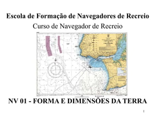 1
Escola de Formação de Navegadores de Recreio
Curso de Navegador de Recreio
NV 01 - FORMA E DIMENSÕES DA TERRA
 