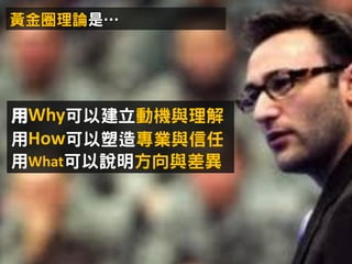 用Why可以建立動機與理解
用How可以塑造專業與信任
用What可以說明方向與差異
黃金圈理論是…
 