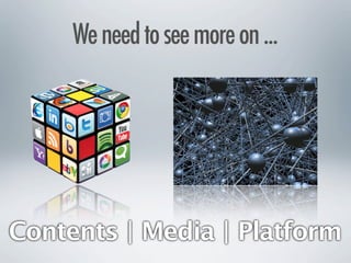 We need to see more on ...
Contents | Media | Platform