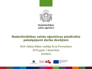 Nodarbinātības valsts aģentūras piedāvātie
pakalpojumi darba devējiem
2016
NVA Valkas filiāles vadītāja Erna Pormeistere
2016.gada 1.decembris
Smiltene
 