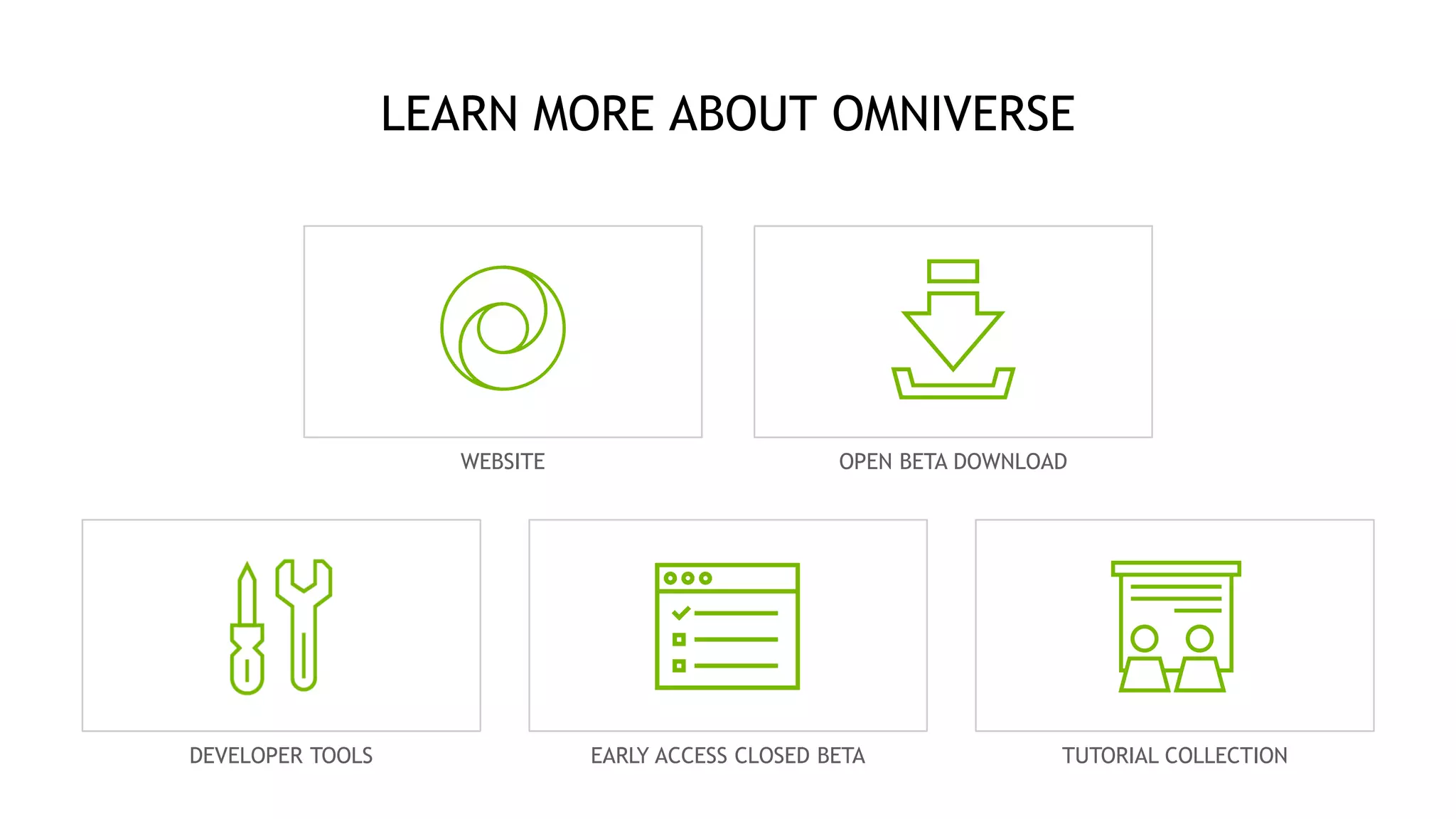 34
LEARN MORE ABOUT OMNIVERSE
DEVELOPER TOOLS EARLY ACCESS CLOSED BETA TUTORIAL COLLECTION
OPEN BETA DOWNLOAD
WEBSITE
 