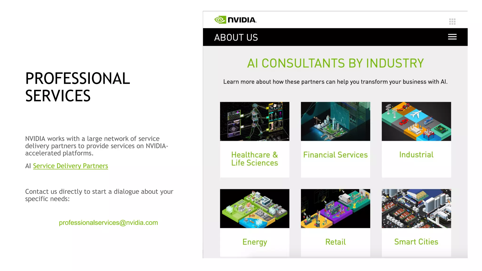 58
PROFESSIONAL
SERVICES
NVIDIA works with a large network of service
delivery partners to provide services on NVIDIA-
accelerated platforms.
AI Service Delivery Partners
Contact us directly to start a dialogue about your
specific needs:
professionalservices@nvidia.com
Jay/Pat: Several proposed
claims here we need to vet
with Marc H.
 