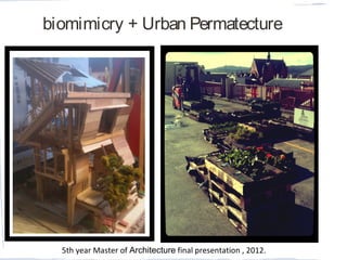 biomimicry + Urban Permatecture
5th year Master of Architecture final presentation , 2012.
 