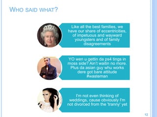 12
Like all the best families, we
have our share of eccentricities,
of impetuous and wayward
youngsters and of family
disagreements
YO wen u gettin da ps4 tings in
moss side? Ain’t waitin no more.
Plus da asian guy whu works
dere got bare attitude
#wasteman
I'm not even thinking of
weddings, cause obviously I'm
not divorced from the 'tranny' yet
WHO SAID WHAT?
 