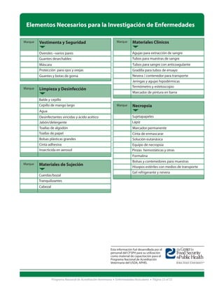 Elementos Necesarios para la Investigación de Enfermedades

Marque   Vestimenta y Seguridad                                    Marque      Materiales Clínicos

         Overoles –varios pares                                                Agujas para extracción de sangre
         Guantes desechables                                                   Tubos para muestras de sangre
         Máscara                                                               Tubos para sangre con anticoagulante
         Protección para ojos y orejas                                         Gradilla para tubos de ensayo
         Guantes y botas de goma                                               Nevera / contenedor para transporte
                                                                               Jeringas y agujas hipodérmicas
                                                                               Termómetro y estetoscopio
Marque   Limpieza y Desinfección
                                                                               Marcador de pintura en barra

         Balde y cepillo
         Cepillo de mango largo                                    Marque      Necropsia
         Agua
         Desinfectantes viricidas y ácido acético                              Sujetapapeles
         Jabón/detergente                                                      Lápiz
         Toallas de algodón                                                    Marcador permanente
         Toallas de papel                                                      Cinta de enmascarar
         Bolsas plásticas grandes                                              Solución eutanásica
         Cinta adhesiva                                                        Equipo de necropsia
         Insecticida en aerosol                                                Pinzas hemostáticas y otras
                                                                               Formalina
                                                                               Bolsas y contenedores para muestras
Marque   Materiales de Sujeción                                                Hisopos estériles con medios de transporte
                                                                               Gel refrigerante y nevera
         Cuerdas/bozal
         Tranquilizantes
         Cabezal




                                                               Esta información fué desarrollada por el
                                                               personal del CFSPH para su utilización
                                                               como material de capacitación para el
                                                               Programa Nacional de Acreditación
                                                               Veterinaria del USDA, APHIS.




                   Programa Nacional de Acreditación Veterinaria • Enfermedades Vesiculares • Página 23 of 23
 