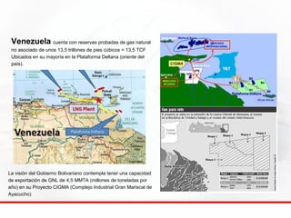 Venezuela cuenta con reservas probadas de gas natural 
no asociado de unos 13,5 trillones de pies cúbicos = 13,5 TCF 
Ubicados en su mayoría en la Plataforma Deltana (oriente del 
país). 
La visión del Gobierno Bolivariano contempla tener una capacidad 
de exportación de GNL de 4,5 MMTA (millones de toneladas por 
año) en su Proyecto CIGMA (Complejo Industrial Gran Mariscal de 
Ayacucho) 
 