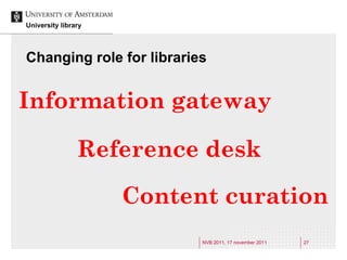 Changing role for libraries Reference desk Content curation Information gateway 