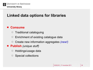 Linked data options for libraries <ul><li>Consume </li></ul><ul><ul><li>Traditional cataloguing </li></ul></ul><ul><ul><li...