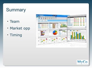 Summary

•   Team
•   Market opp
•   Timing




                 13
 