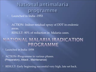  Launched in India -1953
 ACTION- Indoor residual spray of DDT in endemic
areas.
 RESULT- 80% of reduction in Malaria cases.
 Launched in India -1958
 ACTION- Programme in various phases.
(Preparatory, Attack , Maintenance)
 RESULT- Early beginning successful very high, late set back.
 