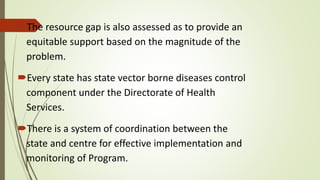 The resource gap is also assessed as to provide an
equitable support based on the magnitude of the
problem.
Every state has state vector borne diseases control
component under the Directorate of Health
Services.
There is a system of coordination between the
state and centre for effective implementation and
monitoring of Program.
 