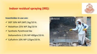 Indoor residual spraying (IRS):
Insecticides in use are:
 DDT 50% WP (WP) 1kg/10 lit.
 Malathion 25% WP 2kg/10 lit
 Syn...