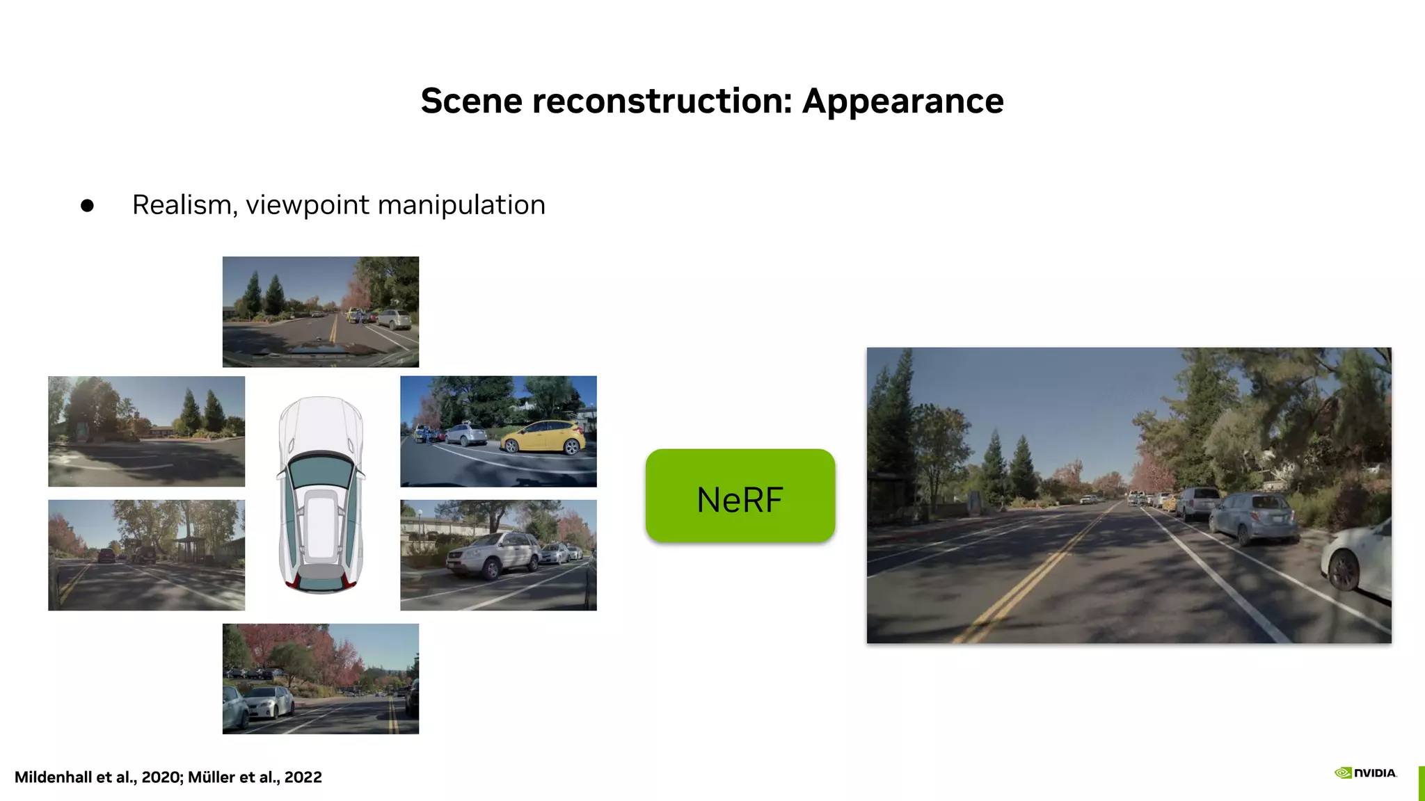 Scene reconstruction: Appearance
● Realism, viewpoint manipulation
NeRF
Mildenhall et al., 2020; Müller et al., 2022
 