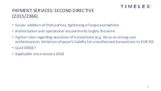 PAYMENT SERVICES: SECOND DIRECTIVE
(2015/2366)
• Scope: addition of third parties, tightening of scope exemptions
• Author...