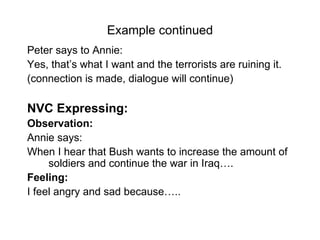 Example continued Peter says to Annie: Yes, that’s what I want and the terrorists are ruining it. (connection is made, dialogue will continue)  NVC Expressing: Observation: Annie says:  When I hear that Bush wants to increase the amount of soldiers and continue the war in Iraq…. Feeling: I feel angry and sad because….. 