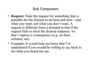 Sub Component Request:  State the request for something that is possible for the listener to do here and now—and what you want, not what you don’t want. A request is different from a demand in that if the request fails to elicit the desired response, we don’t impose a consequence (e.g. act hurt, irritated, etc) Example: It would help me know that I’m understood if you would be willing to say back to me what you heard me say. 