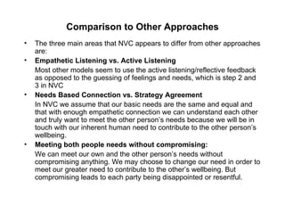 Comparison to Other Approaches The three main areas that NVC appears to differ from other approaches are: Empathetic Listening vs. Active Listening Most other models seem to use the active listening/reflective feedback as opposed to the guessing of feelings and needs, which is step 2 and 3 in NVC Needs Based Connection vs. Strategy Agreement In NVC we assume that our basic needs are the same and equal and that with enough empathetic connection we can understand each other and truly want to meet the other person’s needs because we will be in touch with our inherent human need to contribute to the other person’s wellbeing. Meeting both people needs without compromising: We can meet our own and the other person’s needs without compromising anything. We may choose to change our need in order to meet our greater need to contribute to the other’s wellbeing. But compromising leads to each party being disappointed or resentful. 