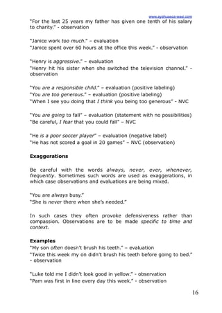 16
“For the last 25 years my father has given one tenth of his salary
to charity.” - observation
“Janice work too much.” – evaluation
“Janice spent over 60 hours at the office this week.” - observation
“Henry is aggressive.” – evaluation
“Henry hit his sister when she switched the television channel.” -
observation
“You are a responsible child.” – evaluation (positive labeling)
“You are too generous.” – evaluation (positive labeling)
“When I see you doing that I think you being too generous” - NVC
“You are going to fall” – evaluation (statement with no possibilities)
“Be careful, I fear that you could fall” – NVC
“He is a poor soccer player” – evaluation (negative label)
“He has not scored a goal in 20 games” – NVC (observation)
Exaggerations
Be careful with the words always, never, ever, whenever,
frequently. Sometimes such words are used as exaggerations, in
which case observations and evaluations are being mixed.
“You are always busy.”
“She is never there when she’s needed.”
In such cases they often provoke defensiveness rather than
compassion. Observations are to be made specific to time and
context.
Examples
“My son often doesn’t brush his teeth.” – evaluation
“Twice this week my on didn’t brush his teeth before going to bed.”
- observation
“Luke told me I didn’t look good in yellow.” - observation
“Pam was first in line every day this week.” - observation
www.ayahuasca-wasi.com
 