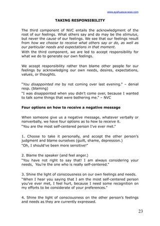 23
TAKING RESPONSIBILITY
The third component of NVC entails the acknowledgment of the
root of our feelings. What others say and do may be the stimulus,
but never the cause of our feelings. We see that our feelings result
from how we choose to receive what others say or do, as well as
our particular needs and expectations in that moment.
With the third component, we are led to accept responsibility for
what we do to generate our own feelings.
We accept responsibility rather than blame other people for our
feelings by acknowledging our own needs, desires, expectations,
values, or thoughts.
“You disappointed me by not coming over last evening.” – denial
resp. (blaming)
“I was disappointed when you didn’t come over, because I wanted
to talk some things that were bothering me.” – NVC
Four options on how to receive a negative message
When someone give us a negative message, whatever verbally or
nonverbally, we have four options as to how to receive it.
“You are the most self-centered person I’ve ever met.”
1. Choose to take it personally, and accept the other person’s
judgment and blame ourselves (guilt, shame, depression.)
“Oh, I should’ve been more sensitive!”
2. Blame the speaker (and feel anger.)
“You have not right to say that! I am always considering your
needs, You’re the one who is really self-centered.”
3. Shine the light of consciousness on our own feelings and needs.
“When I hear you saying that I am the most self-centered person
you’ve ever met, I feel hurt, because I need some recognition on
my efforts to be considerate of your preferences.”
4. Shine the light of consciousness on the other person’s feelings
and needs as they are currently expressed.
www.ayahuasca-wasi.com
 