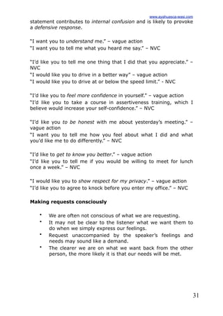 31
statement contributes to internal confusion and is likely to provoke
a defensive response.
“I want you to understand me.” – vague action
“I want you to tell me what you heard me say.” – NVC
“I’d like you to tell me one thing that I did that you appreciate.” –
NVC
“I would like you to drive in a better way” – vague action
“I would like you to drive at or below the speed limit.” - NVC
“I’d like you to feel more confidence in yourself.” – vague action
“I’d like you to take a course in assertiveness training, which I
believe would increase your self-confidence.” – NVC
“I’d like you to be honest with me about yesterday’s meeting.” –
vague action
“I want you to tell me how you feel about what I did and what
you’d like me to do differently.” – NVC
“I’d like to get to know you better.” – vague action
“I’d like you to tell me if you would be willing to meet for lunch
once a week.” – NVC
“I would like you to show respect for my privacy.” – vague action
“I’d like you to agree to knock before you enter my office.” – NVC
Making requests consciously
• We are often not conscious of what we are requesting.
• It may not be clear to the listener what we want them to
do when we simply express our feelings.
• Request unaccompanied by the speaker’s feelings and
needs may sound like a demand.
• The clearer we are on what we want back from the other
person, the more likely it is that our needs will be met.
www.ayahuasca-wasi.com
 
