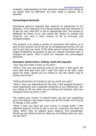 34
empathic understanding of what prevents someone from doing as
we asked, then by definition, we have made a request, not a
demand.
Camouflaged demands
Expressing genuine requests also requires an awareness of our
objective. If our objective is to change people and their behavior or
to get our way, then NVC is not an appropriate tool. The process is
designed for those of us who would like others to change and
respond, but only if they choose to do so willingly and
compassionately.
The purpose is to create a quality of connection that allows us to
give to one another out of the joy of compassionate giving. It’s not
just to get what you want. If the other person senses that we have
single-mindedness of purpose to get our request complied with, it
changes the game. Then it turns our requests into camouflaged
demands.
Examples (observation, feeling, need and request)
“Your dog just made a mess on my lawn.”
“When I see your dog leaving turds on the lawn, I feel upset. We
have kids who play here and I want the yard to be safe, clean
space for them. Would you be willing to use this plastic bag to
remove the turds?”
“Yelling obscenities isn’t going to get you what you want.”
“When I hear you addressing me like that, I feel agitated because I
need cooperation and a peaceful resolution of our differences. Are
you willing to tell me what you are feeling and needing right now
instead of what you think I am?”
“By putting your money in mutual funds, you are just supporting
guns and tobacco and sweat shops and all the things we’re trying
to change in this world.”
“When I hear you have put your money in mutual funds, I feel
dejected because I’d like to see us put our resources into what we
value, rather than to support guns, tobacco, and sweatshops.
Would you be willing to tell me what you are feeling when you hear
me say this?”
www.ayahuasca-wasi.com
 