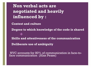 Non verbal acts are negotiated and heavily influenced by : ,[object Object],[object Object],[object Object],[object Object],[object Object]