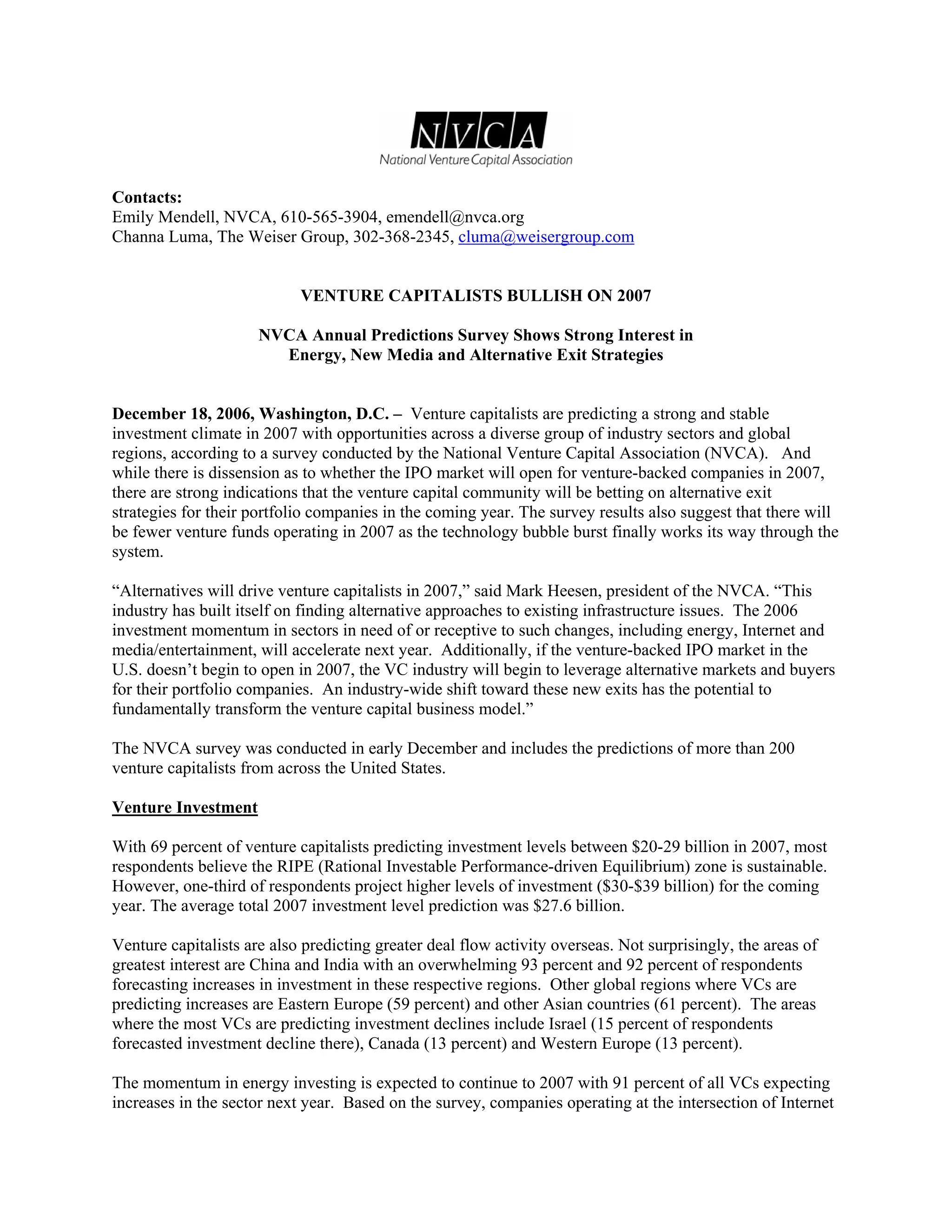 NVCA Members Make Predictions for 2007