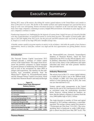 Executive Summary
During 2012, many of the metrics describing the venture capital industry in the United States were similar to
those of the prior two years. The decline in the number of firms and capital managed was expected but not as
large as some were anticipating. Venture investment focused on companies in the seed and early stages, with
many later-stage companies continuing to await a helpful IPO environment. Investment in early-stage life science companies continues to soften.
Fundraising remained very challenging for the majority of venture firms, largely because of a dearth of healthy
exits that would distribute yet-unrealized returns to current fund investors. The number of initial public offerings in 2012 fell slightly from 2011 levels, but the proceeds and IPO valuation tally were both up significantly, largely as a result of one huge IPO and a handful of large ones.
A healthy venture capital ecosystem requires its metrics to be in balance. And while the quality of new business
opportunities, known as deal flow, remains very high and the best opportunities are getting funded, stresses
remain.

Introduction
The National Venture Capital Association 2013
Yearbook provides a summary of venture capital
activity in the United States. This ranges from investments into portfolio companies to capital managed
by general partners to fundraising from limited partners to exits of the investments by either IPOs or
mergers and acquisitions. The statistics for this publication were assembled primarily from the
MoneyTree™ Report by PricewaterhouseCoopers
and the National Venture Capital Association, based
on data from Thomson Reuters and analyzed through
Figure 1.0
Venture Capital Under Management
Summary Statistics

No. of VC Firms in Existence
No. of VC Funds in Existence
No. of Principals
No. of First Time VC Funds Raised
No. of VC Funds Raising Money This Year
VC Capital Raised This Year ($B)
VC Capital Under Management ($B)
Avg VC Capital Under Mgt per Firm ($M)
Avg VC Fund Size to Date ($M)
Avg VC Fund Size Raised This Year ($M)
Largest VC Fund Raised to Date ($M)

Thomson Reuters

1992
2002
2012
358
1,089
841
616
2,119
1,269
4,996 14,541
5,887
13
25
43
78
176
162
4.9
15.7
20.1
28.7
272.1
199.2
80.2
249.9
236.9
39.1
94.4
110.6
62.8
89.2
124.1
1,775.0 6,300.0 6,300.0

the ThomsonONE.com (formerly VentureXpert)
database of Thomson Reuters, which has been
endorsed by the NVCA as the official industry activity database. Subscribers to ThomsonONE can recreate most of the charts in this publication and report
individual deal detail and more granular statistics
than provided herein.

Industry Resources
The activity level of the U.S. venture capital industry
is roughly half of what it was at the 2000-era peak.
For example, in 2000, 1053 firms each invested $5
million or more during the year. In 2012, the count
was less than half that at 522.
Venture capital under management in the United
States by the end of 2012 decreased to $199.2 billion
as calculated using the methodology described
below. However, looking behind the numbers, we
know that the industry continues to contract from the
circa 2000 bubble high of $261.2 billion
The slight downtick in number of firms and capital
managed in 2012 perhaps understates a consolidating trend. The average venture capital firm shrunk to
7.0 principals per firm from 7.4 in 2011. The corresponding drop in headcount to under 6,000 principals is almost one-third lower than 2007 levels. This

9

 