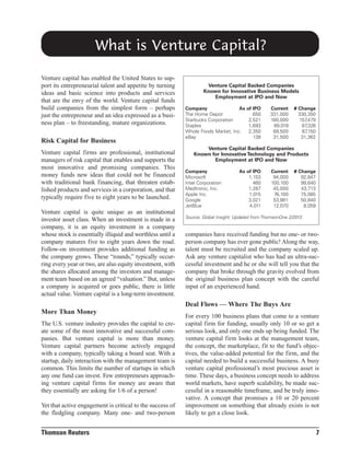 What is Venture Capital?
Venture capital has enabled the United States to support its entrepreneurial talent and appetite by turning
ideas and basic science into products and services
that are the envy of the world. Venture capital funds
build companies from the simplest form – perhaps
just the entrepreneur and an idea expressed as a business plan – to freestanding, mature organizations.

Risk Capital for Business
Venture capital firms are professional, institutional
managers of risk capital that enables and supports the
most innovative and promising companies. This
money funds new ideas that could not be financed
with traditional bank financing, that threaten established products and services in a corporation, and that
typically require five to eight years to be launched.
Venture capital is quite unique as an institutional
investor asset class. When an investment is made in a
company, it is an equity investment in a company
whose stock is essentially illiquid and worthless until a
company matures five to eight years down the road.
Follow-on investment provides additional funding as
the company grows. These “rounds,” typically occurring every year or two, are also equity investment, with
the shares allocated among the investors and management team based on an agreed “valuation.” But, unless
a company is acquired or goes public, there is little
actual value. Venture capital is a long-term investment.

More Than Money
The U.S. venture industry provides the capital to create some of the most innovative and successful companies. But venture capital is more than money.
Venture capital partners become actively engaged
with a company, typically taking a board seat. With a
startup, daily interaction with the management team is
common. This limits the number of startups in which
any one fund can invest. Few entrepreneurs approaching venture capital firms for money are aware that
they essentially are asking for 1/6 of a person!
Yet that active engagement is critical to the success of
the fledgling company. Many one- and two-person

Thomson Reuters

Venture Capital Backed Companies
Known for Innovative Business Models
Employment at IPO and Now
As
Company
The Home Depot
Starbucks Corporation
Staples
Whole Foods Market, Inc.
eBay

of IPO
650
2,521
1,693
2,350
138

Current
331,000
160,000
89,019
69,500
31,500

# Change
330,350
157
,479
87
,326
67
,150
31,362

Venture Capital Backed Companies
Known for Innovative Technology and Products
Employment at IPO and Now
Company
Microsoft
Intel Corporation
Medtronic, Inc.
Apple Inc.
Google
JetBlue

As of IPO
1,153
460
1,287
1,015
3,021
4,011

Current
94,000
100,100
45,000
76,100
53,861
12,070

# Change
92,847
99,640
43,713
75,085
50,840
8,059

Source: Global Insight; Updated from ThomsonOne 2/2013

companies have received funding but no one- or twoperson company has ever gone public! Along the way,
talent must be recruited and the company scaled up.
Ask any venture capitalist who has had an ultra-successful investment and he or she will tell you that the
company that broke through the gravity evolved from
the original business plan concept with the careful
input of an experienced hand.

Deal Flows — Where The Buys Are
For every 100 business plans that come to a venture
capital firm for funding, usually only 10 or so get a
serious look, and only one ends up being funded. The
venture capital firm looks at the management team,
the concept, the marketplace, fit to the fund’s objectives, the value-added potential for the firm, and the
capital needed to build a successful business. A busy
venture capital professional’s most precious asset is
time. These days, a business concept needs to address
world markets, have superb scalability, be made successful in a reasonable timeframe, and be truly innovative. A concept that promises a 10 or 20 percent
improvement on something that already exists is not
likely to get a close look.

7

 