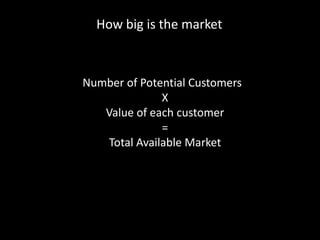 How big is the market



Number of Potential Customers
              X
   Value of each customer
              =
   Total Available Market
 