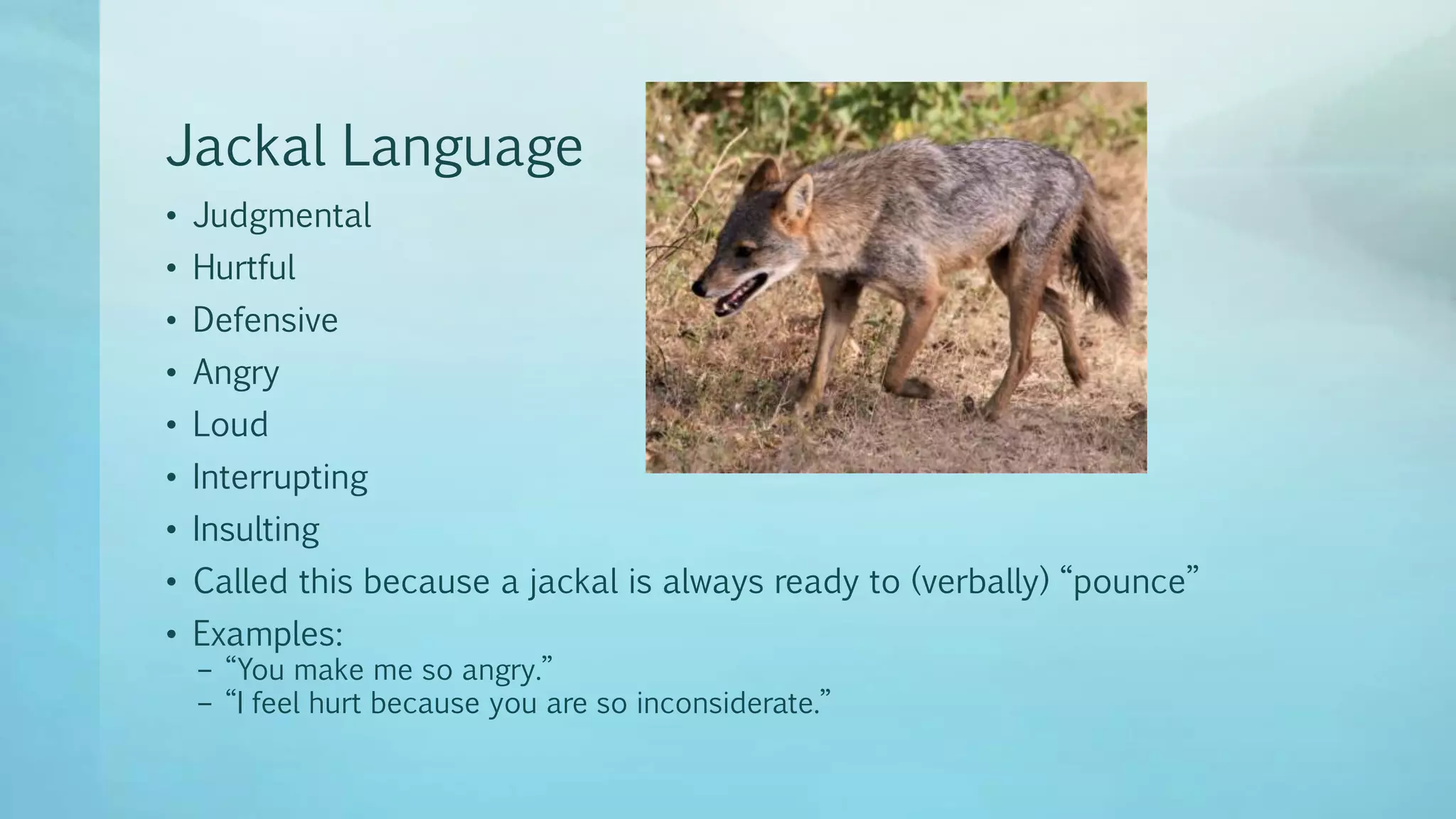 Jackal Language
• Judgmental
• Hurtful
• Defensive
• Angry
• Loud
• Interrupting
• Insulting
• Called this because a jackal is always ready to (verbally) “pounce”
• Examples:
– “You make me so angry.”
– “I feel hurt because you are so inconsiderate.”
 