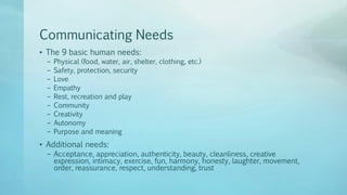 Communicating Needs
• The 9 basic human needs:
– Physical (food, water, air, shelter, clothing, etc.)
– Safety, protection, security
– Love
– Empathy
– Rest, recreation and play
– Community
– Creativity
– Autonomy
– Purpose and meaning
• Additional needs:
– Acceptance, appreciation, authenticity, beauty, cleanliness, creative
expression, intimacy, exercise, fun, harmony, honesty, laughter, movement,
order, reassurance, respect, understanding, trust
 