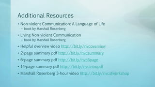 Additional Resources
• Non-violent Communication: A Language of Life
– book by Marshall Rosenberg
• Living Non-violent Communication
– book by Marshall Rosenberg
• Helpful overview video http://bit.ly/nvcoverview
• 2-page summary pdf http://bit.ly/nvcsummary
• 6-page summary pdf http://bit.ly/nvc6page
• 14-page summary pdf http://bit.ly/nvcintropdf
• Marshall Rosenberg 3-hour video http://bit.ly/nvcsfworkshop
 