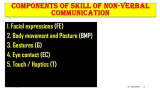 COMPONENTS OF SKILL OF NON-VERBAL
COMMUNICATION
1. Facial expressions (FE)
2. Body movement and Posture (BMP)
3. Gestures (G)
4. Eye contact (EC)
5. Touch / Haptics (T)
6/16/2022 DR. C. BEULAHJAYARANI 26
 