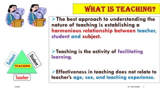 6/16/2022 DR. C. BEULAHJAYARANI 6
WHAT IS TEACHING?
The best approach to understanding the
nature of teaching is establishing a
harmonious relationship between teacher,
student and subject.
Teaching is the activity of facilitating
learning.
Effectiveness in teaching does not relate to
teacher’s age, sex, and teaching experience.
6
Teacher
Teaching
 