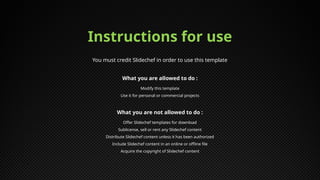 Instructions for use
What you are allowed to do :
Modify this template
Use it for personal or commercial projects
You must credit Slidechef in order to use this template
What you are not allowed to do :
Offer Slidechef templates for download
Sublicense, sell or rent any Slidechef content
Distribute Slidechef content unless it has been authorized
Include Slidechef content in an online or offline file
Acquire the copyright of Slidechef content
 