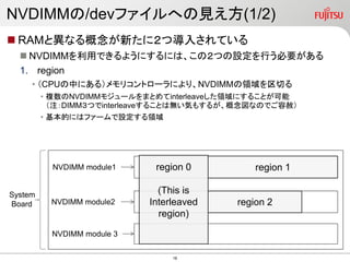  RAMと異なる概念が新たに２つ導入されている
 NVDIMMを利用できるようにするには、この２つの設定を行う必要がある
1. region
• （CPUの中にある）メモリコントローラにより、NVDIMMの領域を区切る
• 複数のNVDIMMモジュールをまとめてinterleaveした領域にすることが可能
（注：DIMM３つでinterleaveすることは無い気もするが、概念図なのでご容赦）
• 基本的にはファームで設定する領域
NVDIMMの/devファイルへの見え方(1/2)
region 1
region 2
region 0
(This is
Interleaved
region)
System
Board
NVDIMM module1
NVDIMM module2
NVDIMM module 3
16
 