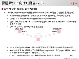 課題解決に向けた動き (2/3)
 まだ今後の解決が必要な問題
 XFSのReflink/dedup機能とFilesystem DAXの両立 （内容は推測込み）
• Reflink/dedupは異なるファイルでもデータの内容が同じブロックなら共有
• 共有されたブロックのデータ更新の際はCopy On Write
• あるファイルのオフセット１００のデータを違うファイルのオフセット２００のデータと
して共有可能
• ファイルシステムの中だけで処理が完結
• 一方、File System DAXではメモリ管理の処理が必要（DIMM故障時の処理）
• kernelの物理メモリ管理のデータ構造(struct page)は、同じpageに複数のファイ
ルの異なるoffsetを持つことを想定していない
• struct pageのほかのどこかに、複数offsetの情報を記録する必要 (続く)
Copyright 2019 FUJITSU LIMITED
File A File B
offset 100 offset 200
39
 