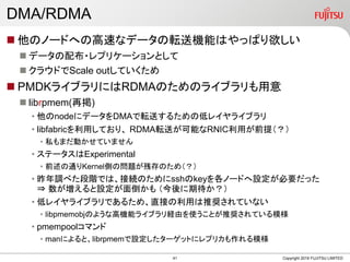 DMA/RDMA
 他のノードへの高速なデータの転送機能はやっぱり欲しい
 データの配布・レプリケーションとして
 クラウドでScale outしていくため
 PMDKライブラリにはRDMAのためのライブラリも用意
 librpmem(再掲)
• 他のnodeにデータをDMAで転送するための低レイヤライブラリ
• libfabricを利用しており、 RDMA転送が可能なRNIC利用が前提（？）
• 私もまだ動かせていません
• ステータスはExperimental
• 前述の通りKernel側の問題が残存のため（？）
• 昨年調べた段階では、接続のためにsshのkeyを各ノードへ設定が必要だった
⇒ 数が増えると設定が面倒かも （今後に期待か？）
• 低レイヤライブラリであるため、直接の利用は推奨されていない
• libpmemobjのような高機能ライブラリ経由を使うことが推奨されている模様
• pmempoolコマンド
• manによると、librpmemで設定したターゲットにレプリカも作れる模様
Copyright 2019 FUJITSU LIMITED41
 